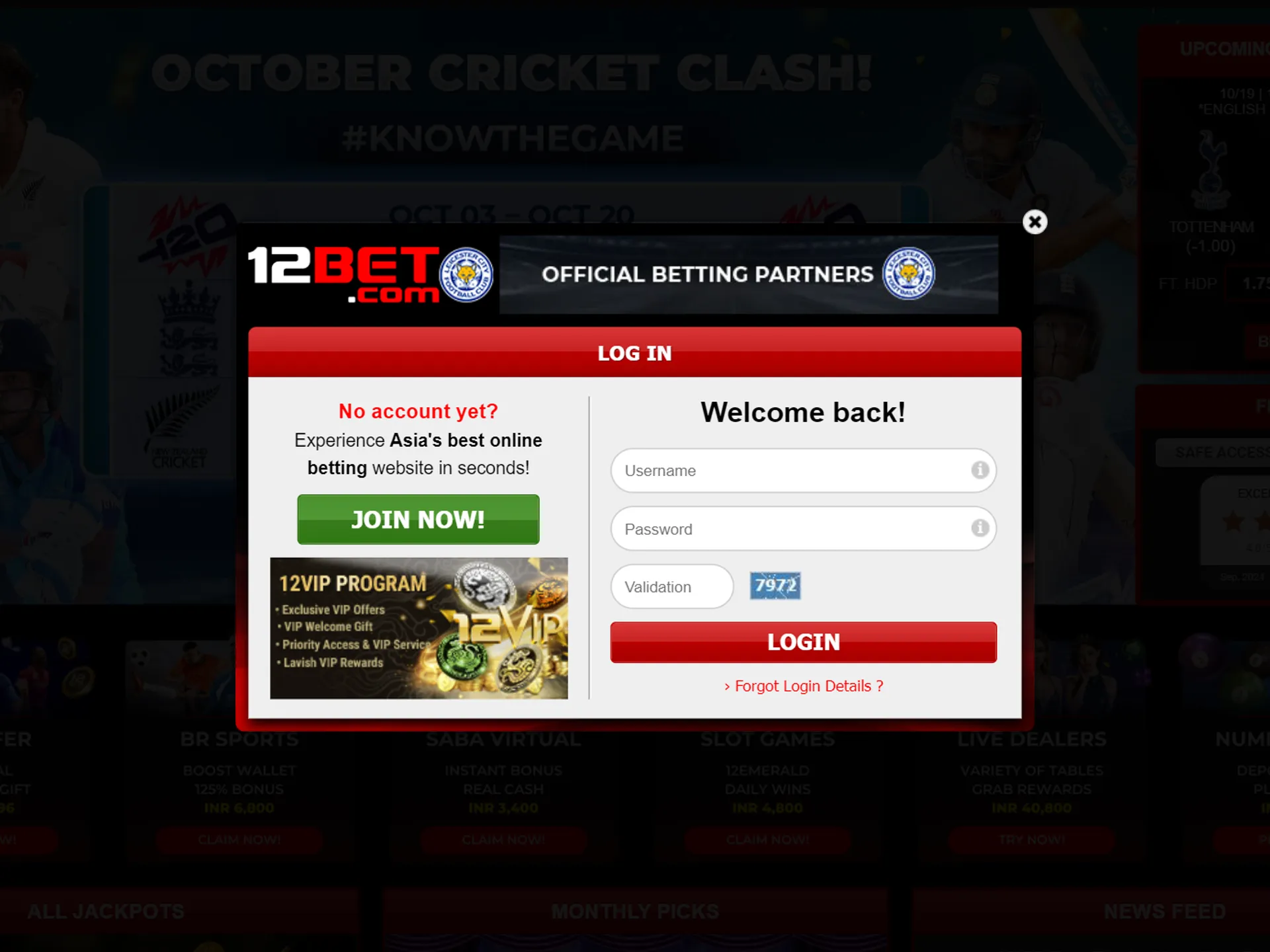 Log in to your 12Bet account.