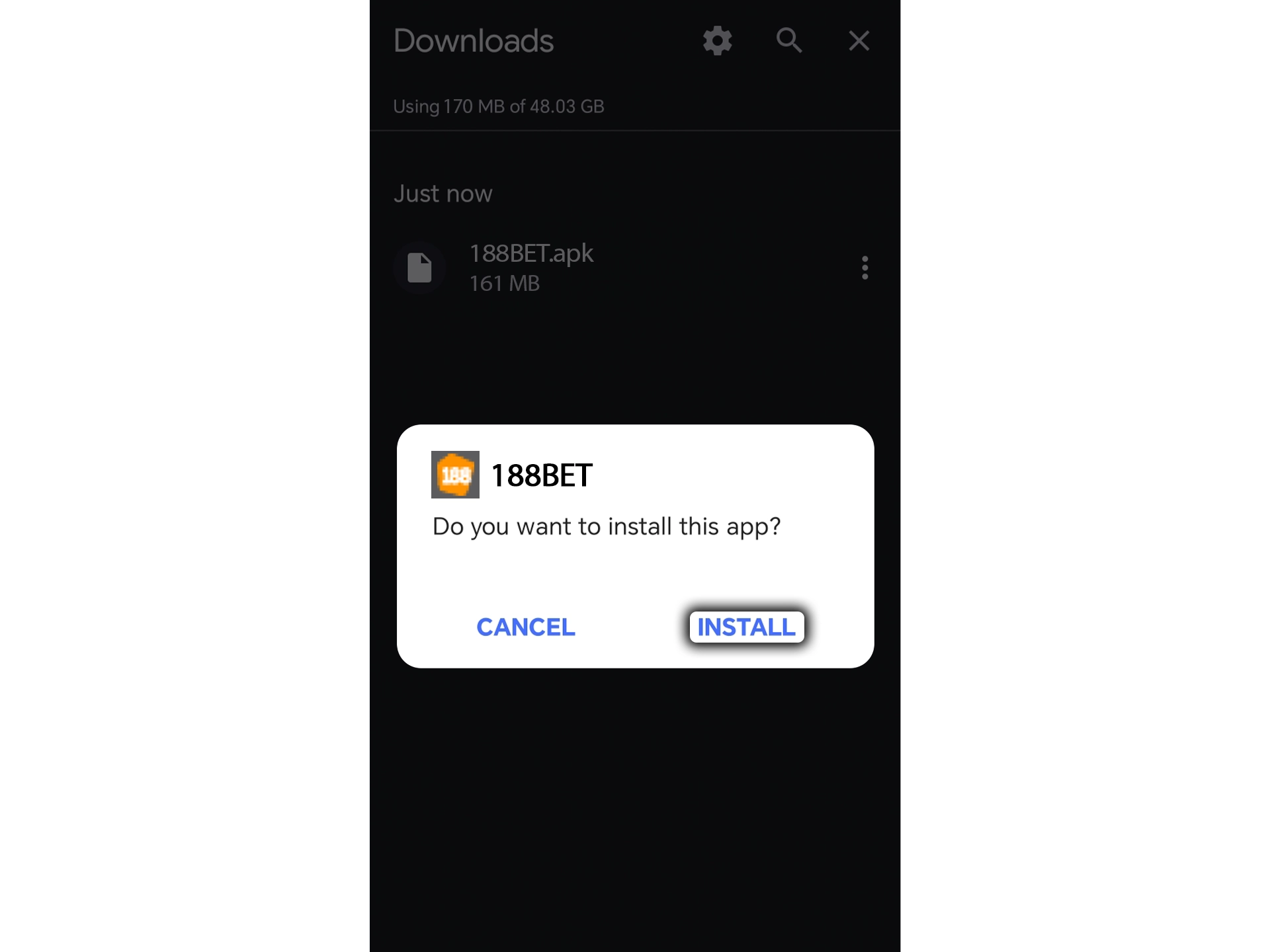 Confirm the installation of the 188bet app on your Android device.
