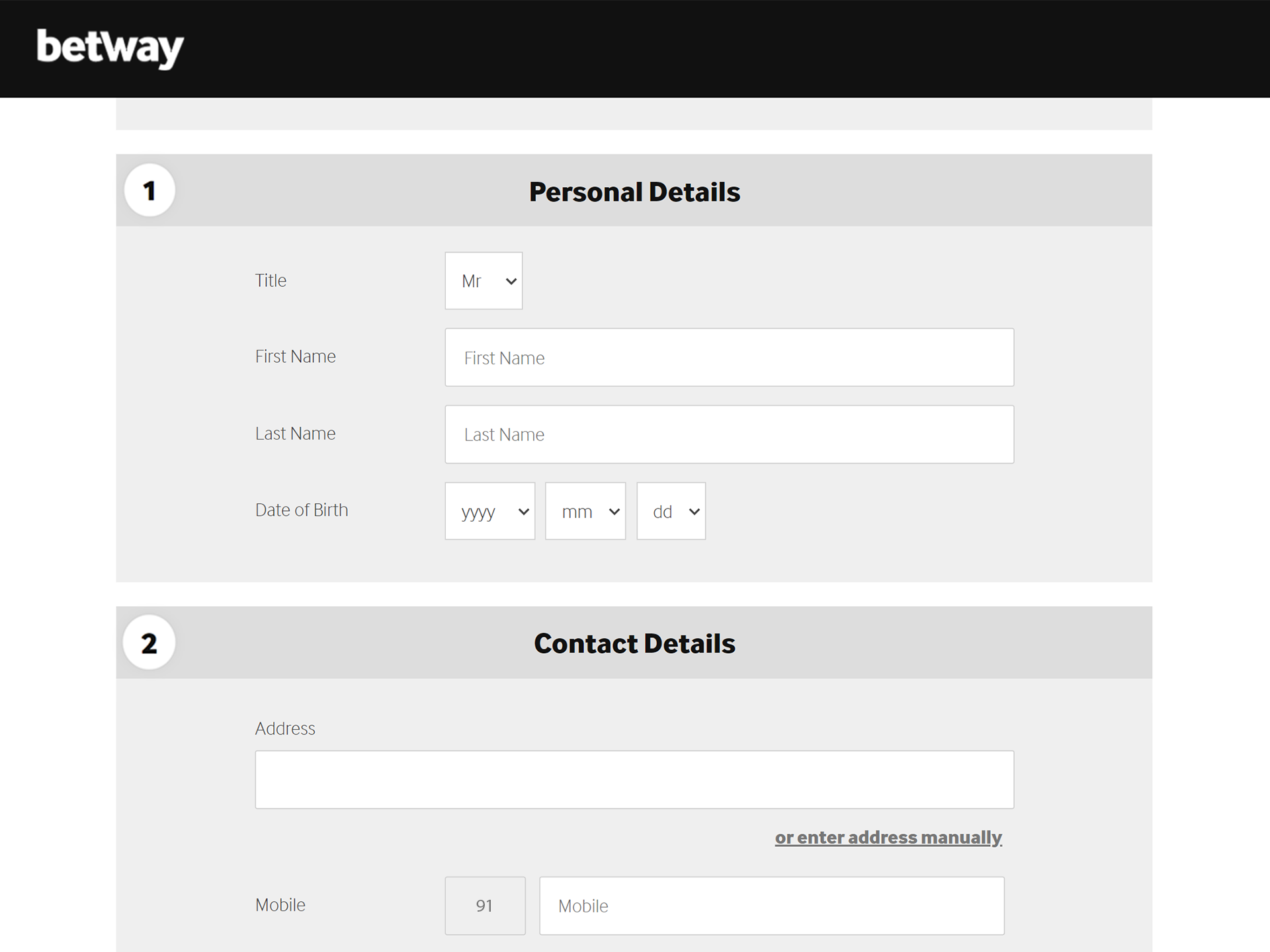 In the Betway form that opens, enter your information.