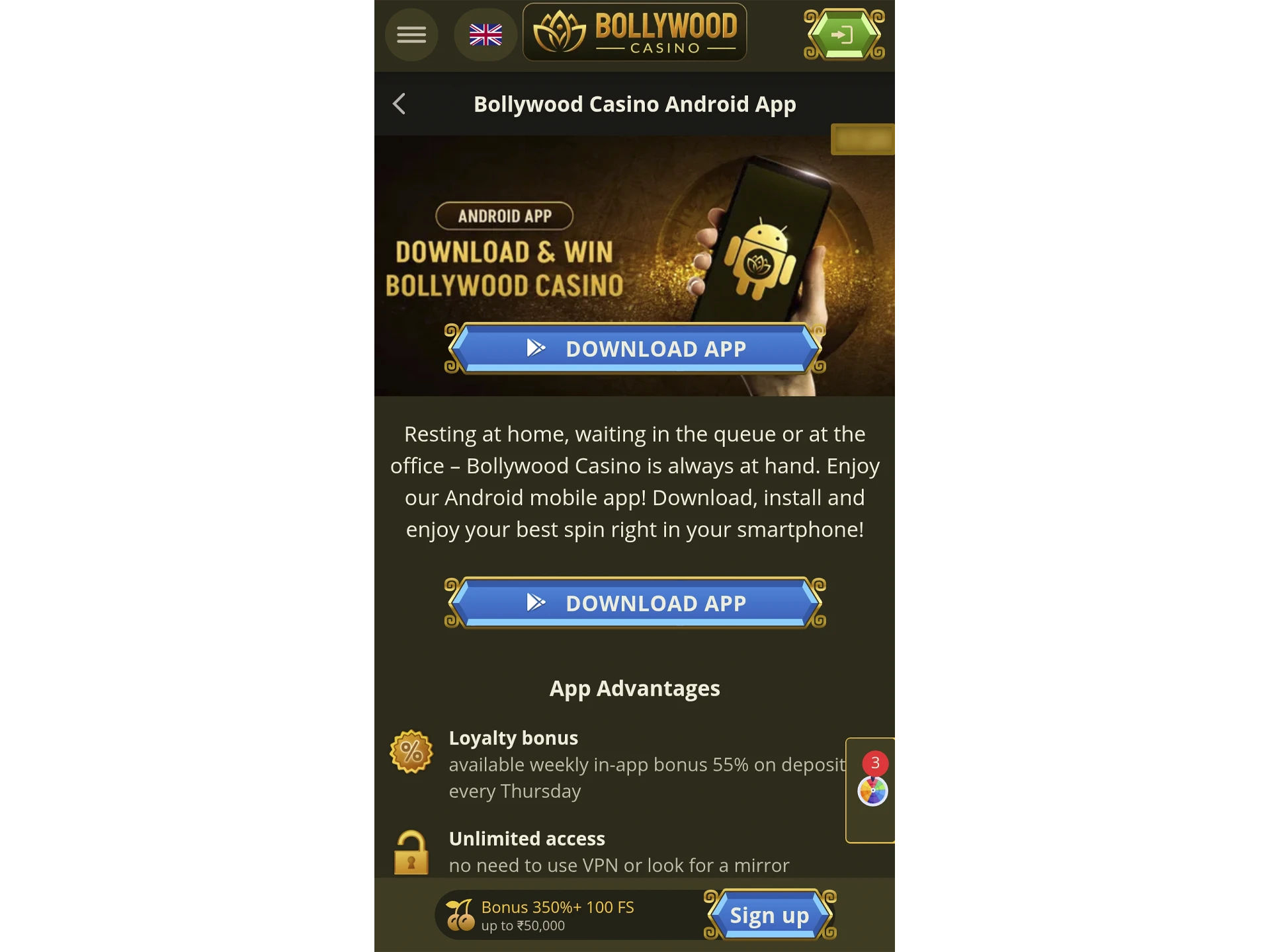 Go to the official Bollywood Casino website and click the download link for the APK file.