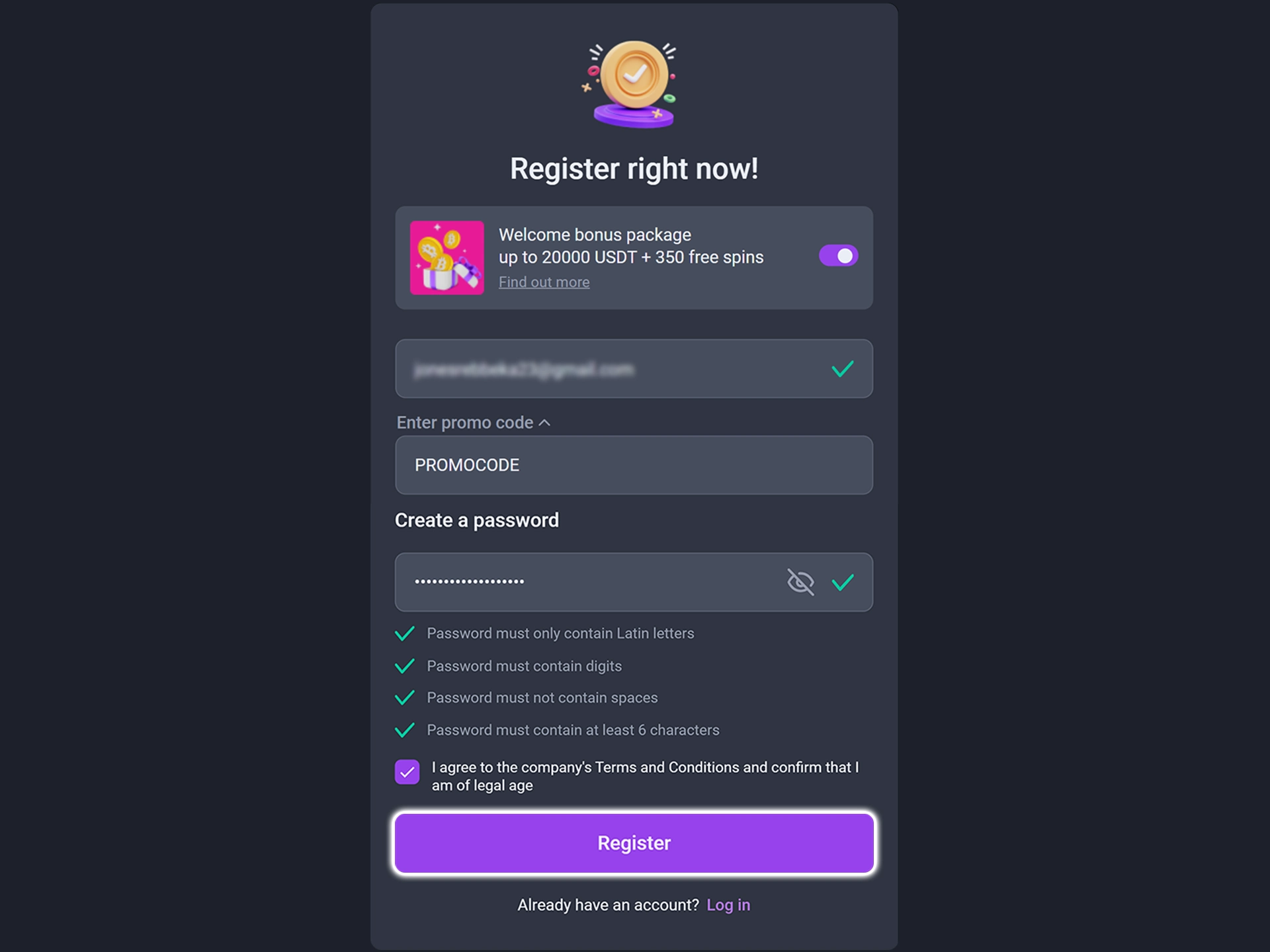 Enter your email, promo code, come up with a password and create a Coinplay account.