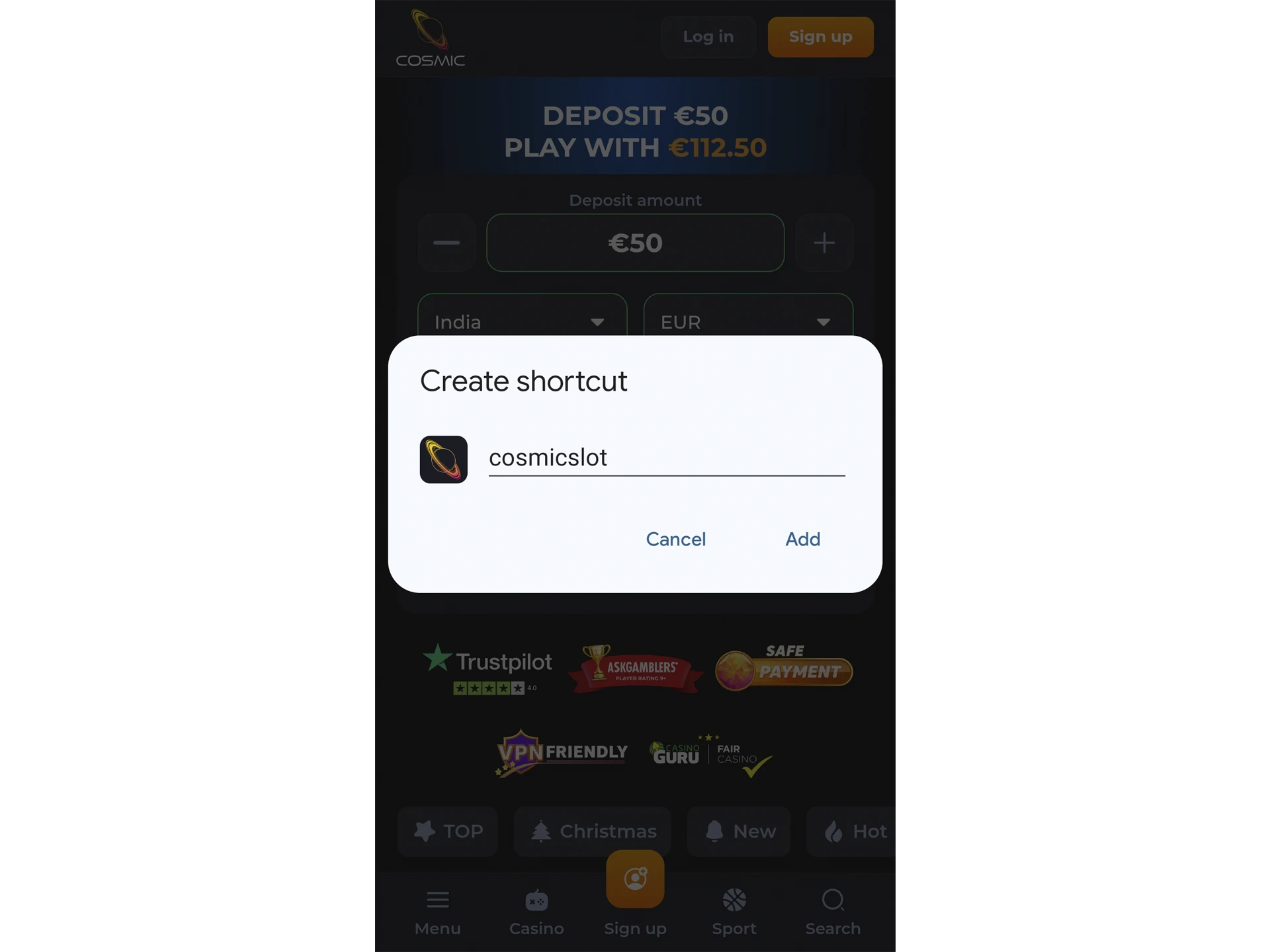 Pick a name for the CosmicSlot app shortcut and tap the “Add” button.