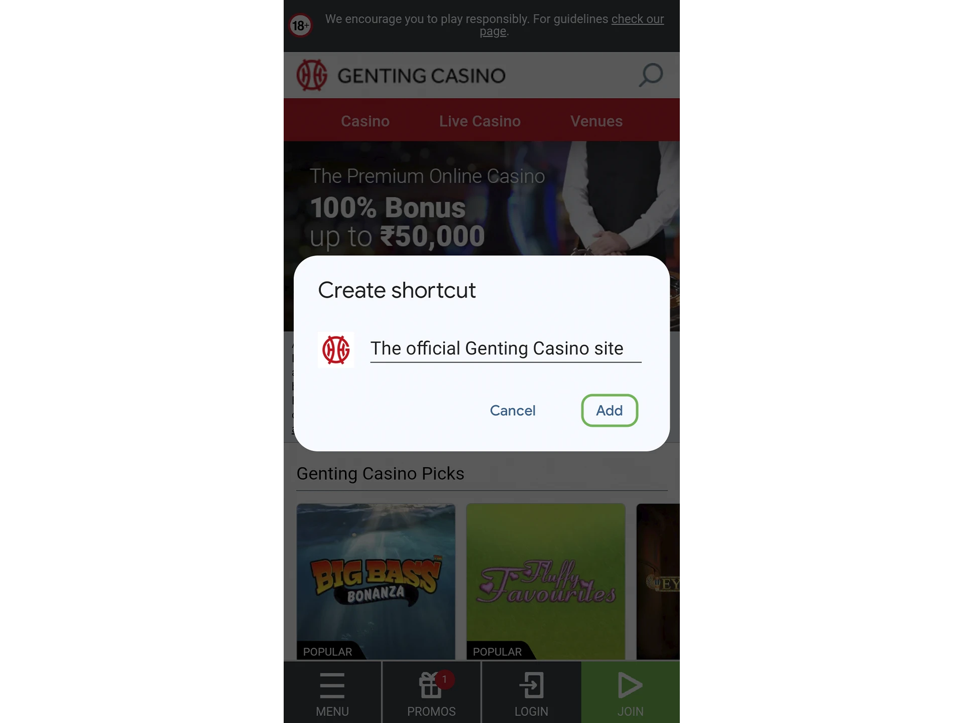 Choose a name for the shortcut (e.g., Genting Casino) and press the “Add” button.