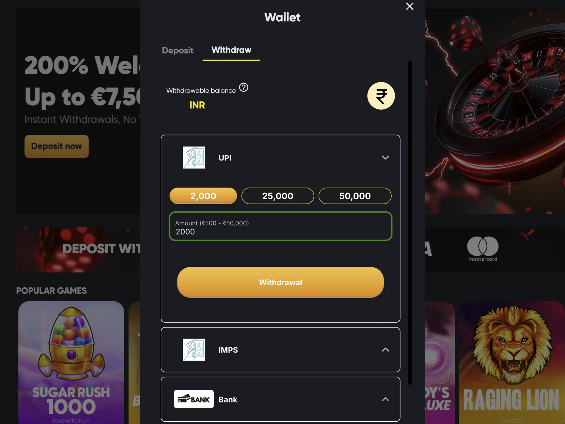 Enter the withdrawal amount (minimum €25).