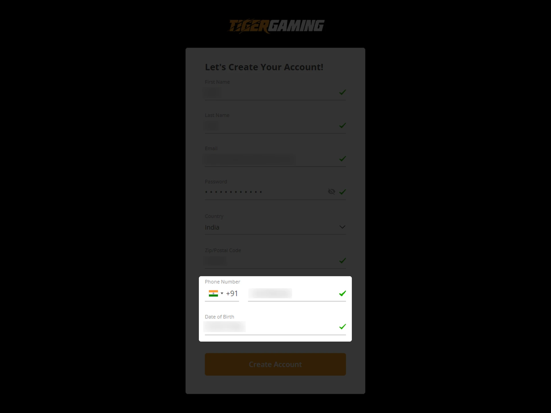 Enter additional data to continue registration on Tiger Gaming website.